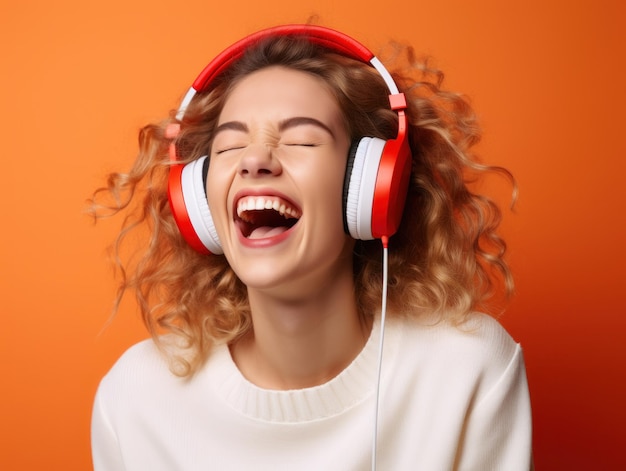 Photo happy young woman listening to music on isolated background