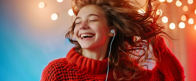 Happy young woman listening to music with headphones and smiling while her hair blows in the wind with bright background bokeh lights