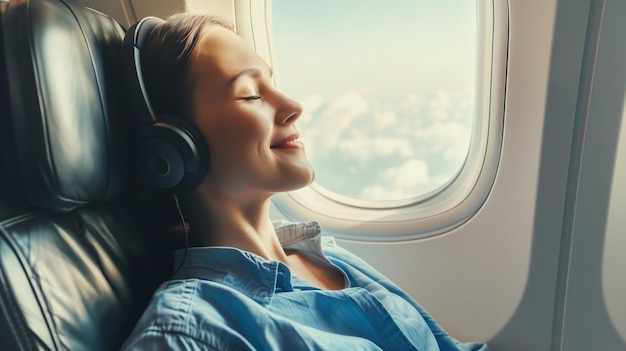 Photo happy young woman passenger listening to music with headphones on an airplane during the flight