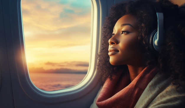 Happy young woman passenger listening to music with headphones on an airplane during the flight