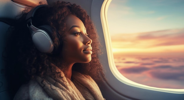 Happy young woman passenger listening to music with headphones on an airplane during the flight