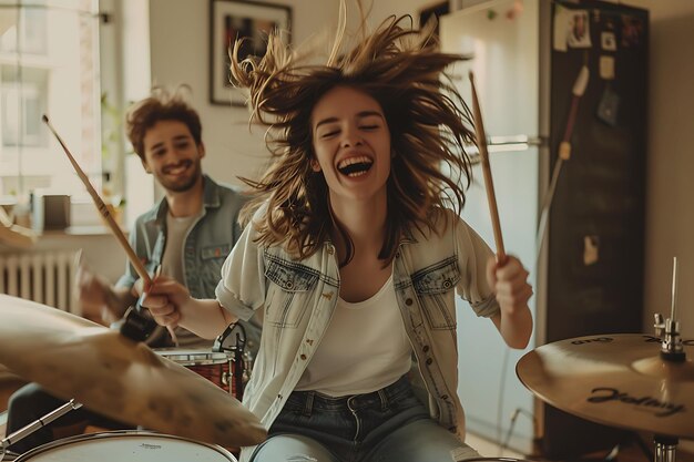 Photo happy young woman playing drums with enthusiasm