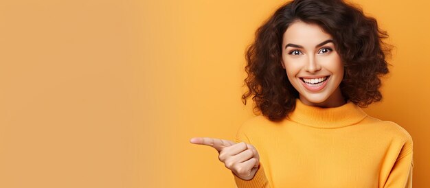 Happy young woman pointing to blank space content and attractive Space for your idea