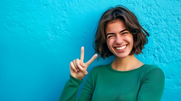 Happy young woman posing against a blue wall giving a peace sign Cheerful portrait casual style Smiling female vibrant colors AI