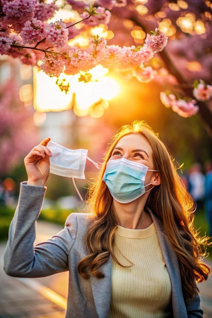 Photo happy young woman removing medical mask while standing in city during sunset