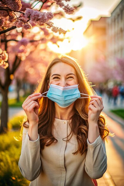 Photo happy young woman removing medical mask while standing in city during sunset