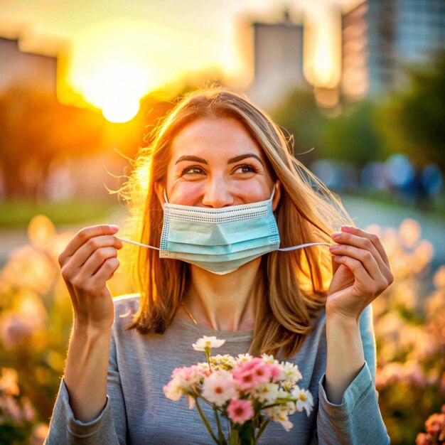 Photo happy young woman removing medical mask while standing in city during sunset