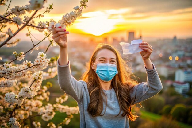 Photo happy young woman removing medical mask while standing in city during sunset