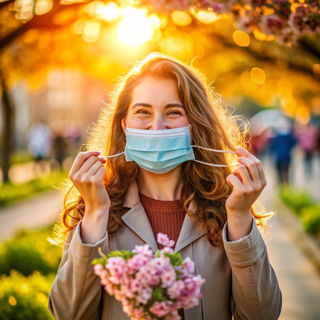 Happy young woman removing medical mask while standing in city during sunset