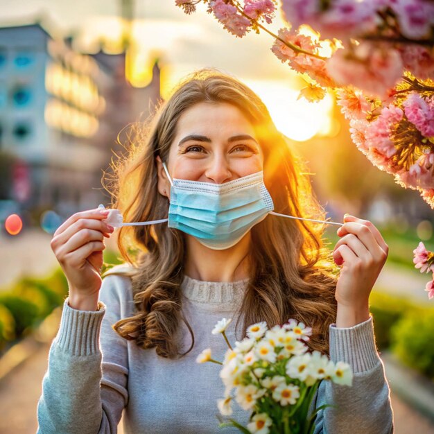 Happy young woman removing medical mask while standing in city during sunset