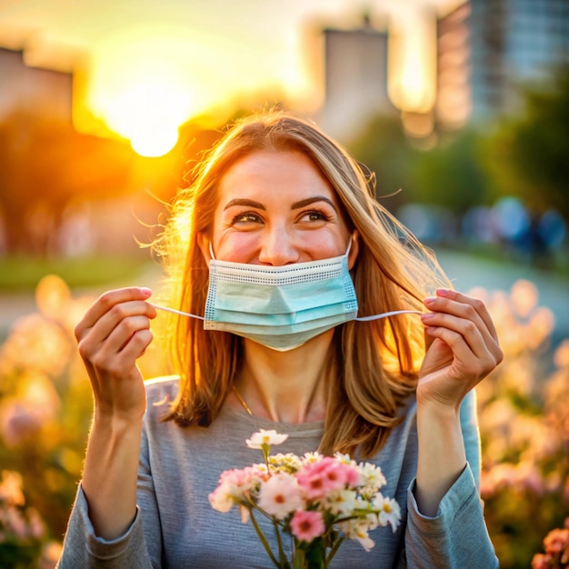 Happy young woman removing medical mask while standing in city during sunset