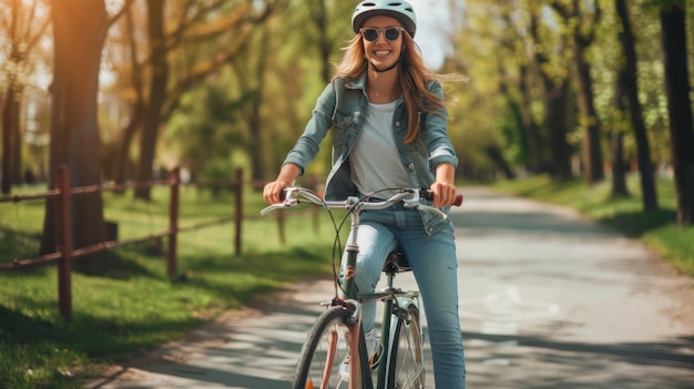 Photo happy young woman riding bicycle in city spring park outdoor active urban lifestyle cycling concept ar 169 job id d7216607b5544ce19047418975b1c97f