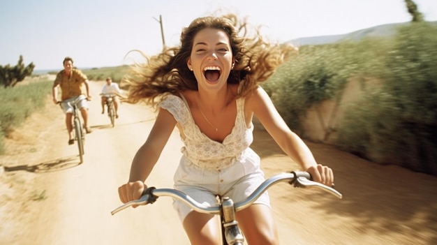 Happy young woman riding bicycle Illustration AI GenerativexA