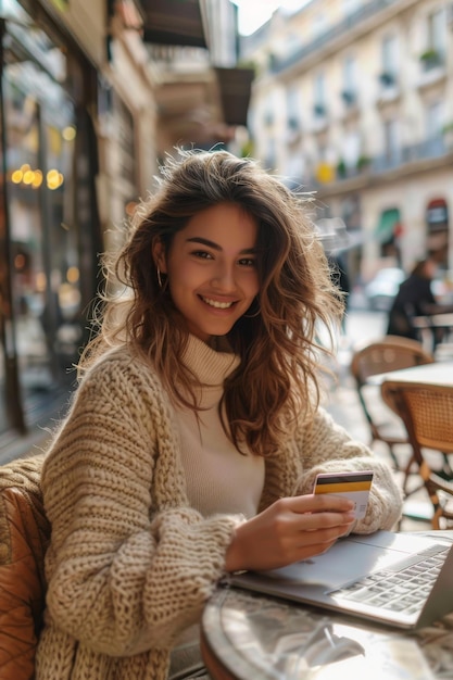 Happy young woman shopping online with credit card at outdoor cafe