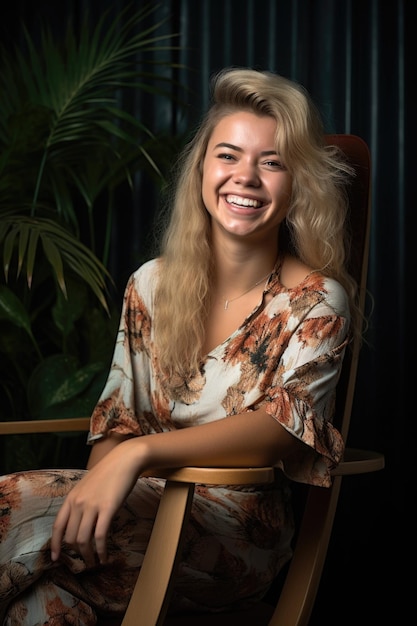 A happy young woman sitting on her new chair and smiling happily created with generative ai