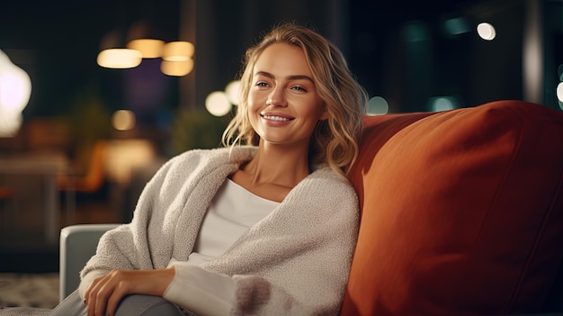 Happy young woman sitting on sofa at home and looking at camera Portrait of comfortable