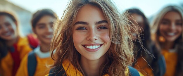 Happy young woman smiling with her friends in the background