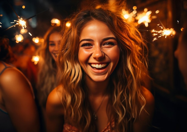 Happy young woman at street celebration with sparklers