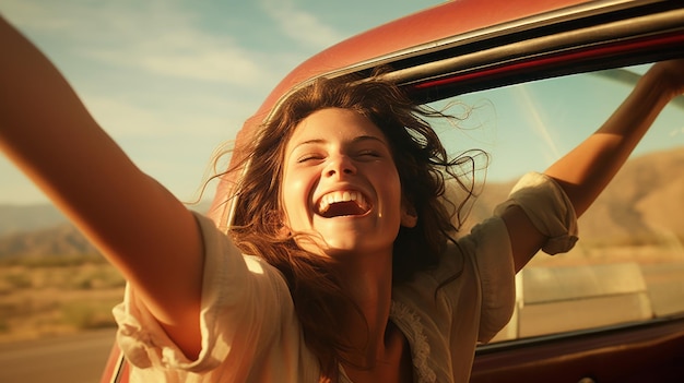 A happy young woman stretches out her arms leaning out of the car window on a sunny day Travel Summer buying and renting a car concepts