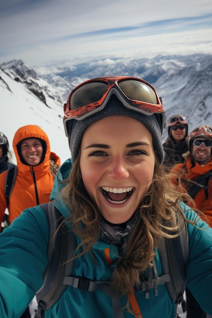 Happy young woman taking selfie in winter AI Generated