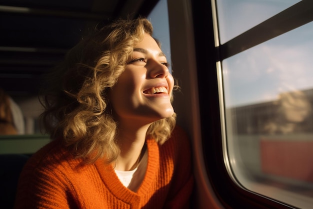 Photo happy young woman on a train looking out of window