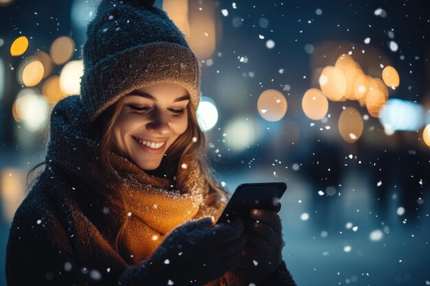 Photo happy young woman using smartphone on snowy christmas evening