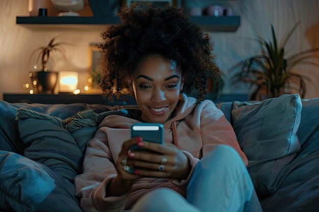 Happy Young Woman Using Smartphone on Sofa for Online Shopping