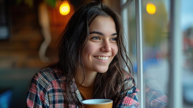 Happy young woman wearing checkered shirt enjoying coffee time by window holding cup in her hands