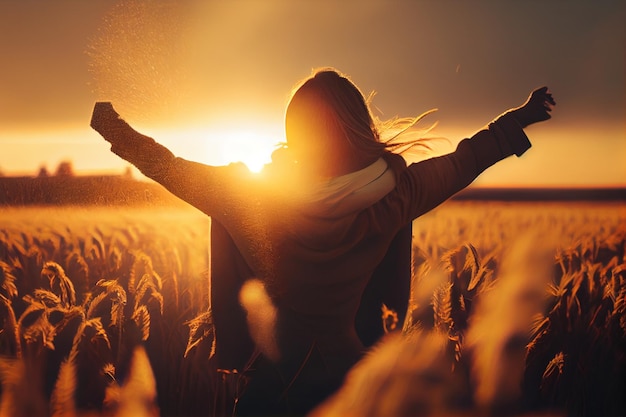 Happy young woman in wheat field at sunset Freedom and happiness conceptgenerative ai