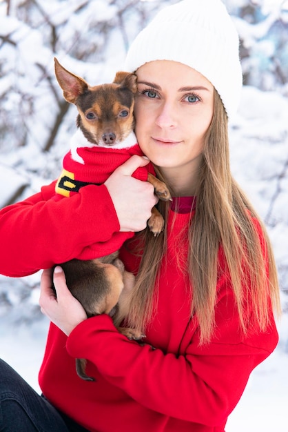 Happy young woman in winter, holds in her arms and plays in the snow with her dog, Chihuahua pet in arms. vertical frame. vertical frame