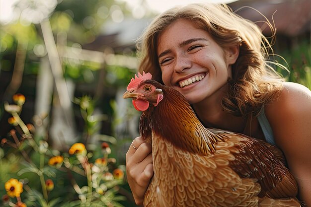 Photo happy young woman with a brown hen