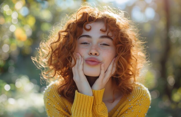 Happy young woman with curly red hair blowing a kiss to the camera wearing a yellow sweater outdoors