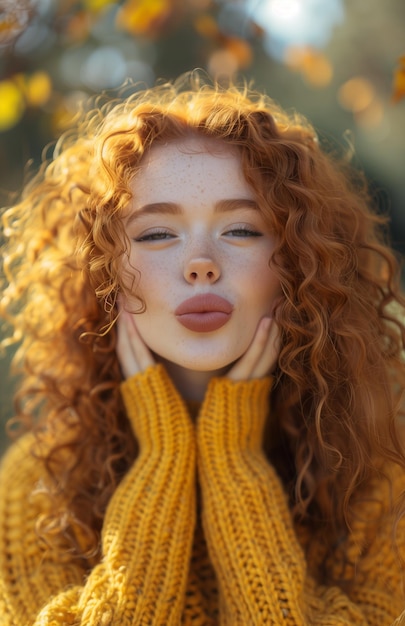 Happy young woman with curly red hair blowing a kiss to the camera wearing a yellow sweater outdoors