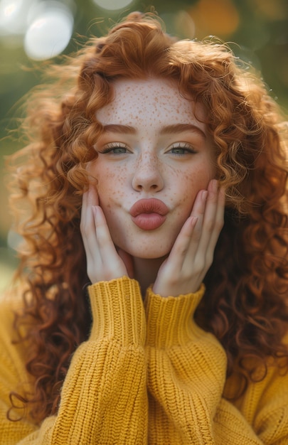 Happy young woman with curly red hair blowing a kiss to the camera wearing a yellow sweater outdoors