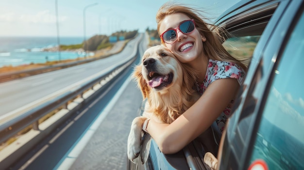 happy young woman with cute retriever dog leaning out of open car window while driving on highway