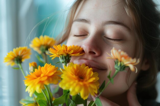 Photo happy young woman with down syndrome enjoys aroma and touch of a fresh bouquet flowers