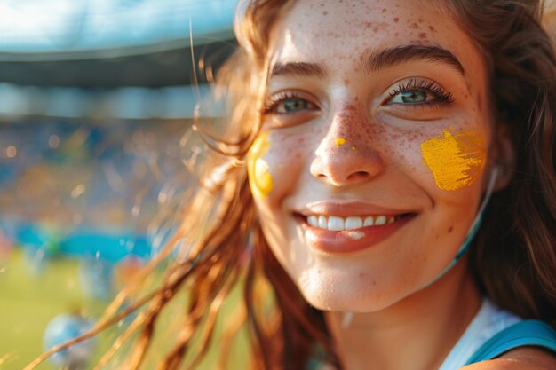 Happy young woman with face paint posing at the stadium