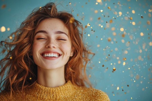 Photo happy young woman with freckles smiling with eyes closed under falling confetti