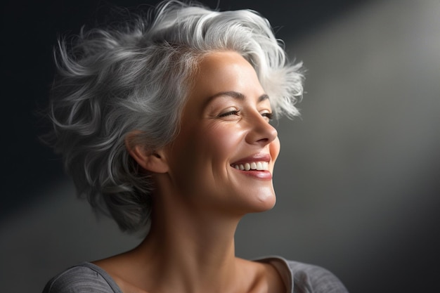 A happy young woman with grey hair in the style of smooth and polished with Generative AI