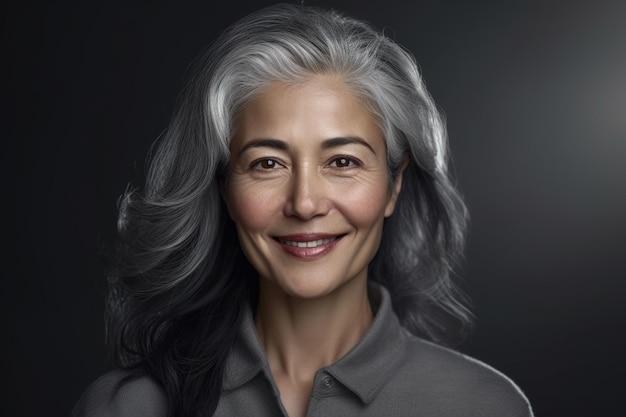 A happy young woman with grey hair in the style of smooth and polished with Generative AI