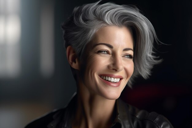 A happy young woman with grey hair in the style of smooth and polished with Generative AI