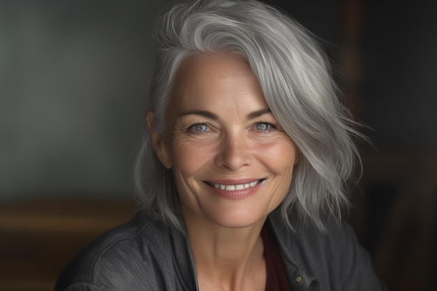 Photo a happy young woman with grey hair in the style of smooth and polished with generative ai