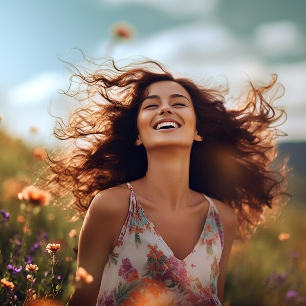 Happy young woman with long curly hair in a field of flowers