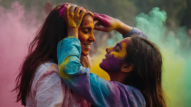 Photo happy young women playing with holi colors