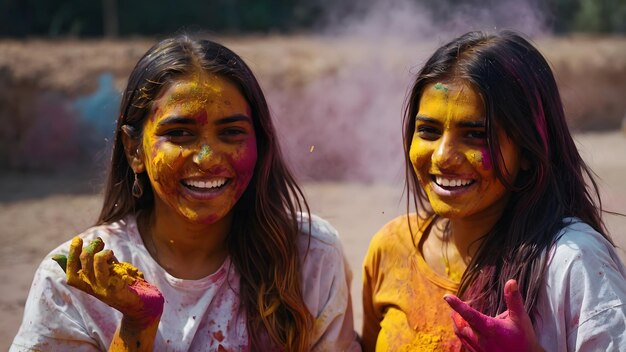 Photo happy young women playing with holi colors