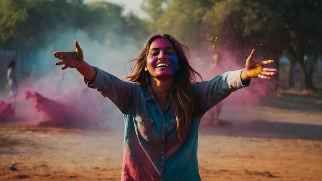 Photo happy young women playing with holi colors