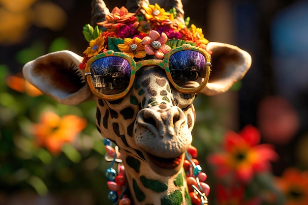 A happygolucky giraffe wearing a flowery lei and sunglasses standing tall and munching on a leafy branch with a big smile