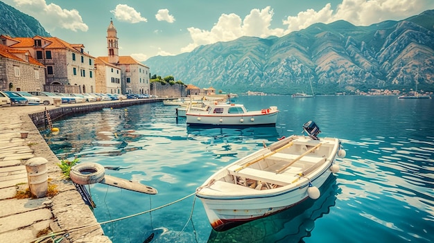 Harbor and boats on sunny day at Boka Kotor bay Boka Kotorska Montenegro Europe Retro toned image