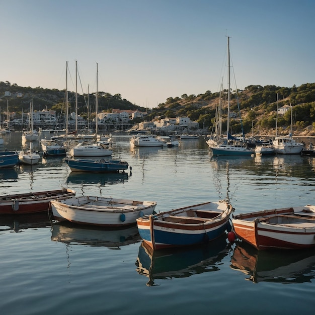 a harbor with boats and a mountain in the background