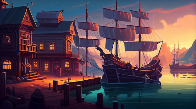 Harbour 2D background environment for a mobile game A high quality horizontal background landscape Gaming template design location Generative ai